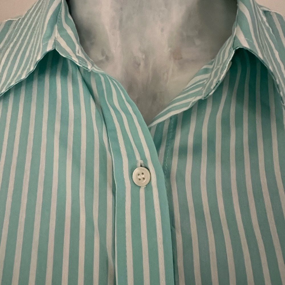 J. McLaughlin Teal and White Striped Sloane Shirt Silk Blend - Picture 6 of 11
